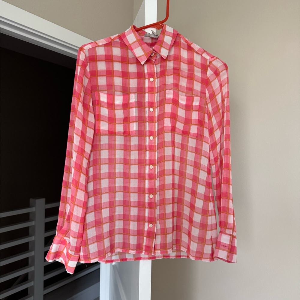 Banana Republic Pink and White Chiffon Checkered Button-Up Shirt